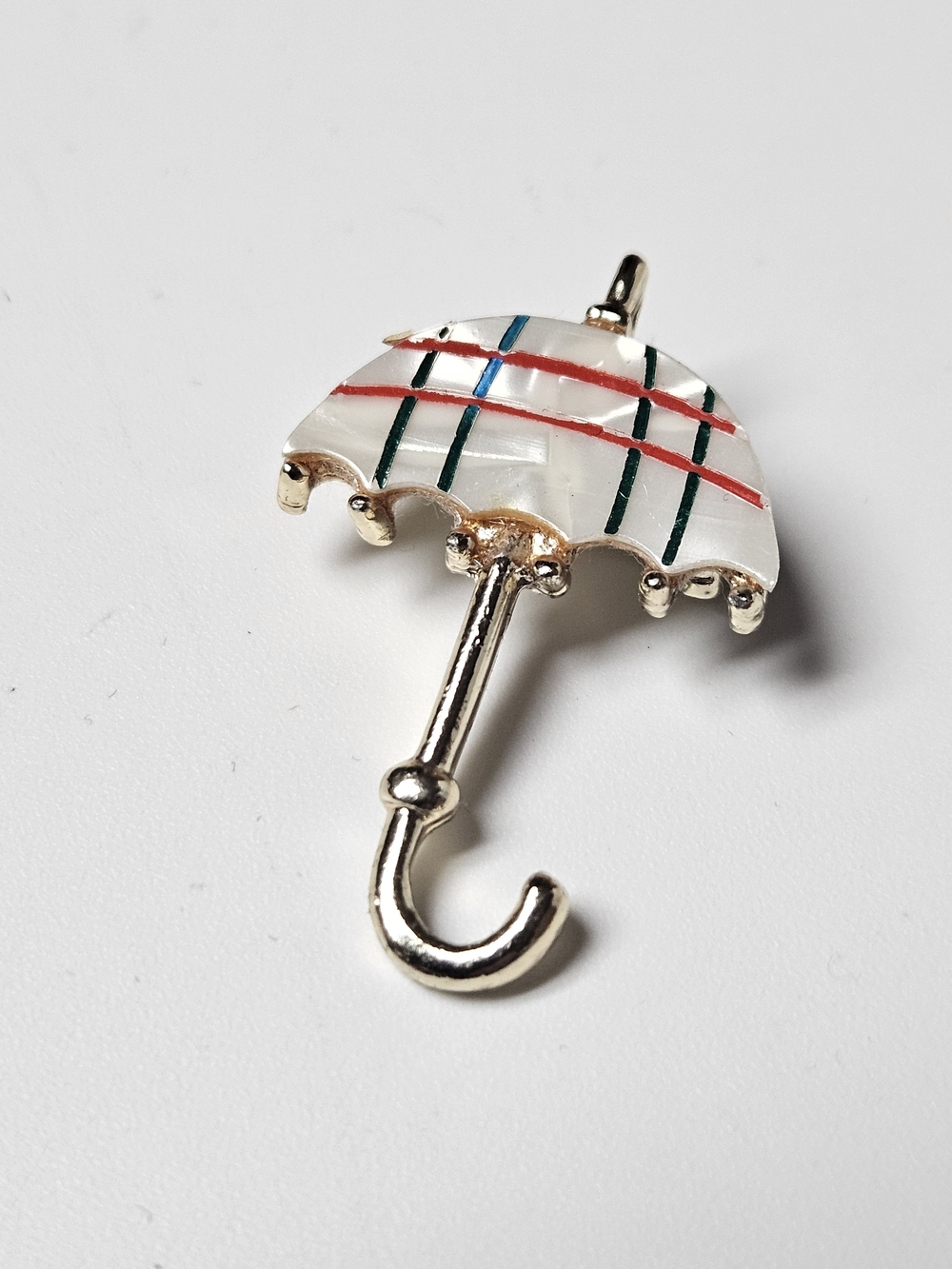 Gold Plaid Umbrella Brooch with White Enamel and Multicolor Stripes
